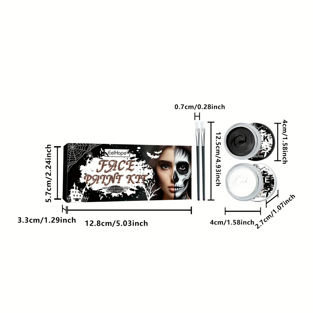 Halloween Face Body Paint Kit - Black & White Long-Lasting Makeup Set with Brushes for Festive Party, Cosplay & Carnival Events