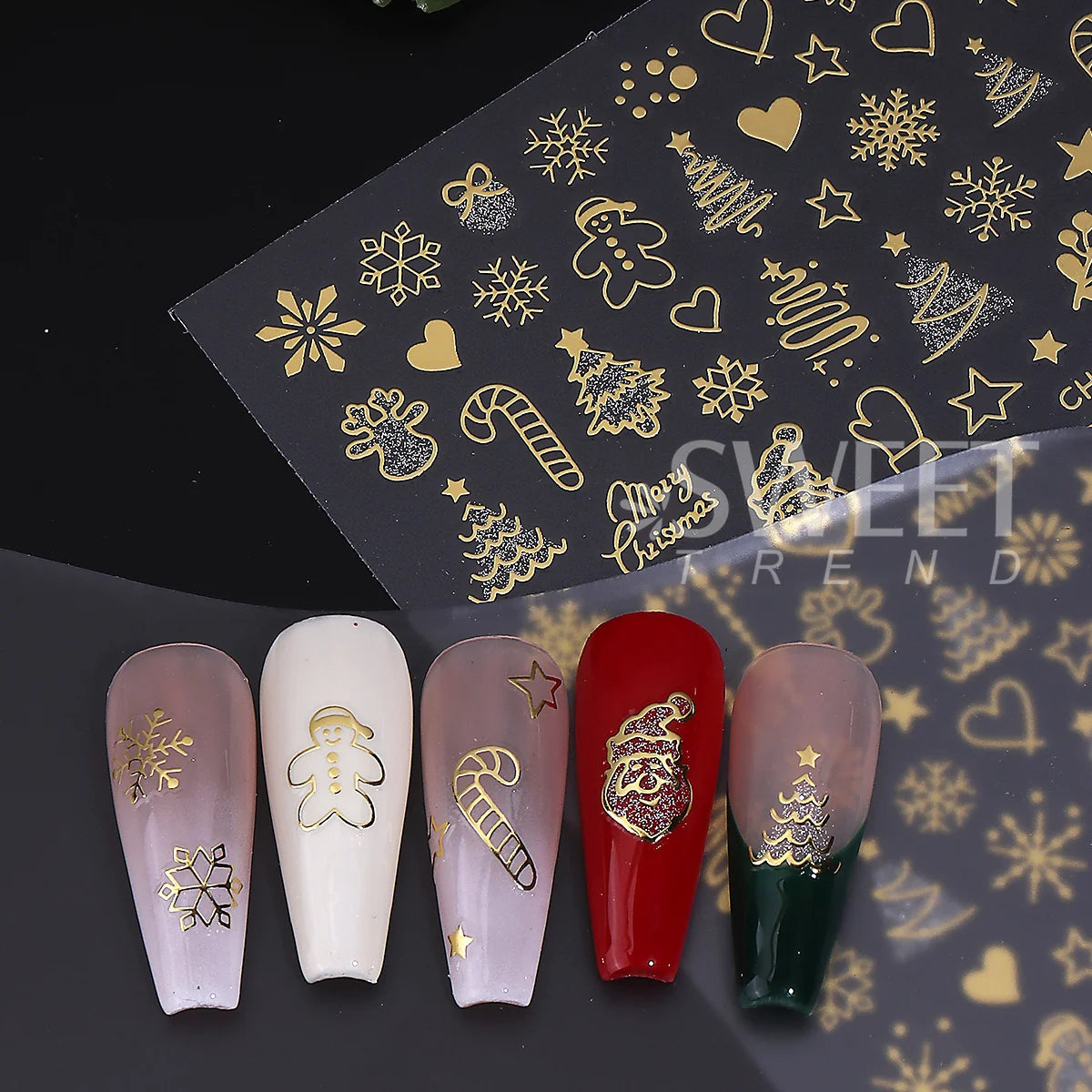 2pcs Gold Silver Christmas 3D Nail Stickers Reflective Glitter Xmas Tree Gingerbread Snowflakes Adhesive Decals Winter Manicure