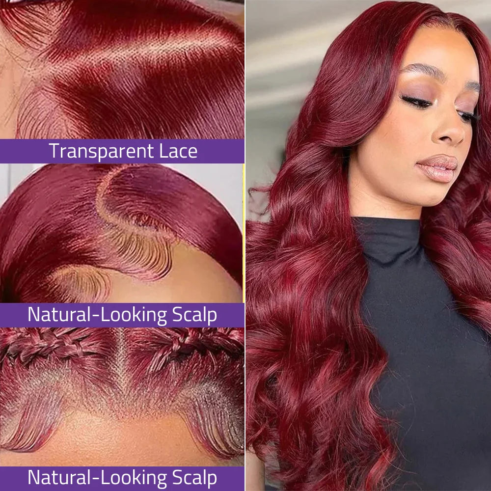 100%  Human Hair Wigs 99J Body Wave wigs 13x4 13x6 HD Lace Frontal Wigs  200 Density Transparent Lace Wigs Suit Any Color Skin .