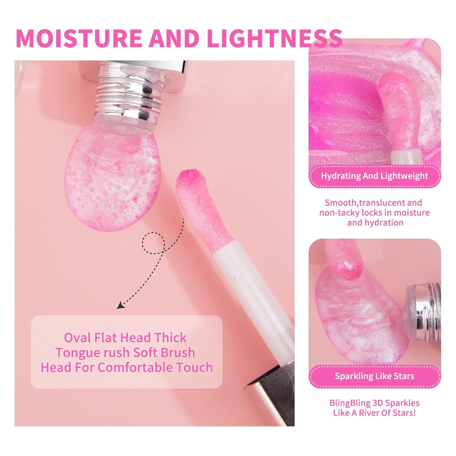 Magic Color Changing Lip Oil Moisturizing Lip Glow Oil, Big Brush Plumping Glimmer Lip Gloss, Long Lasting & Nourishing Lip Glow Oil Non-Sticky Fresh Texture Lip Gloss Lip Tint(Pink)
