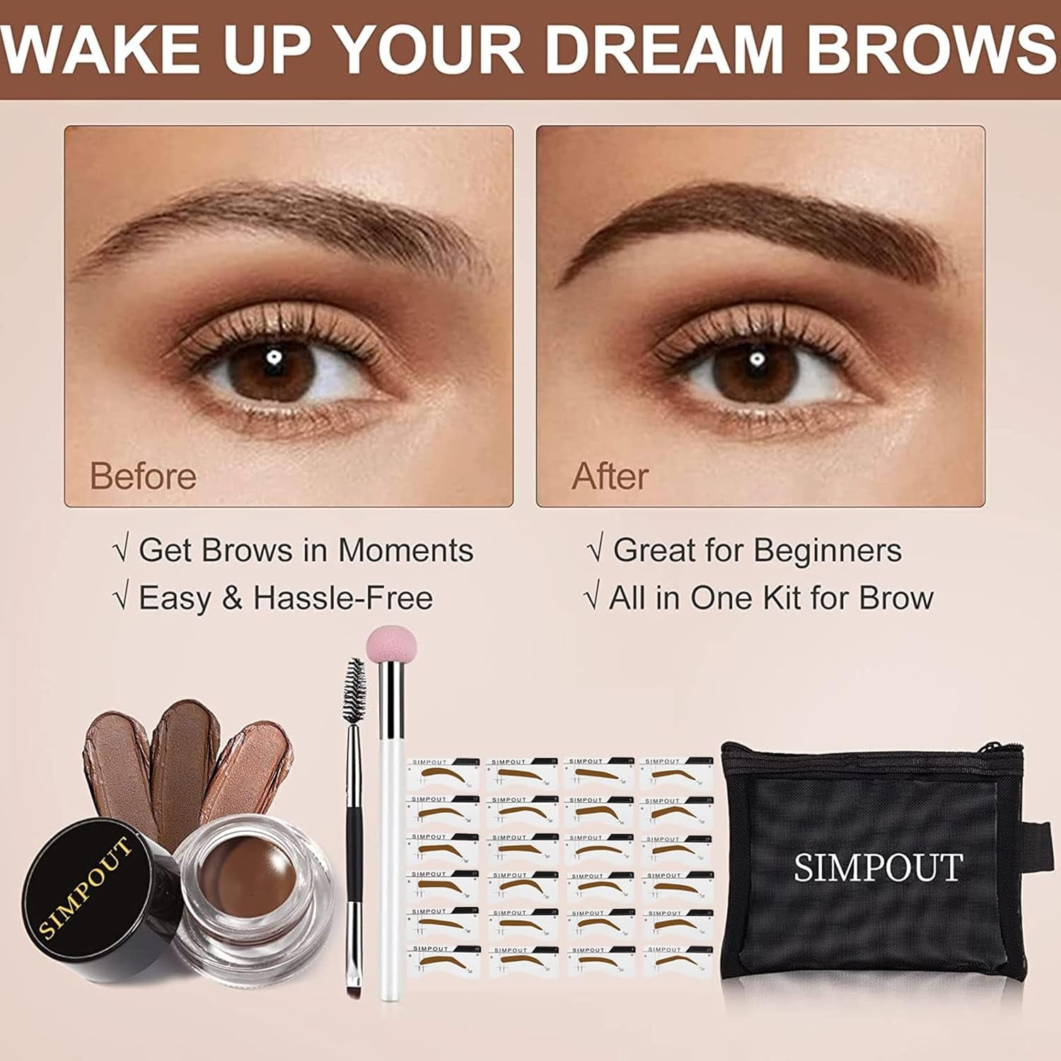 Eyebrow Stamp Stencil Kit for Beginner -  Eye Brow Stamping Kit, Eyebrow Stamp Trio Kit, 29 Brow Stencils, Brow Eyebrow Kit with Sponge Applicator, Waterproof Eyebrow Kit (E01 Soft Auburn)