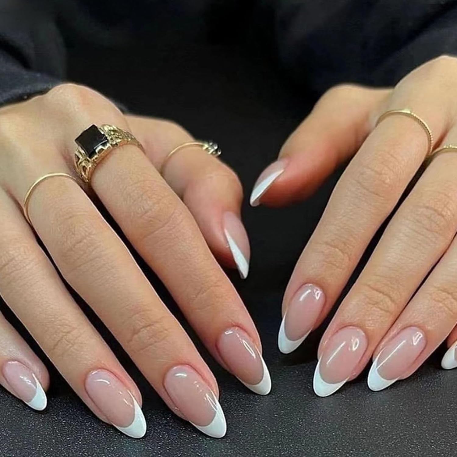 White French Tip Press on Nails - Short Oval Fake Nails for Daily Wear - Simple Glue on Light Pink Full Cover False Almond Acrylic Stick on Nails for Women - 24 Pcs
