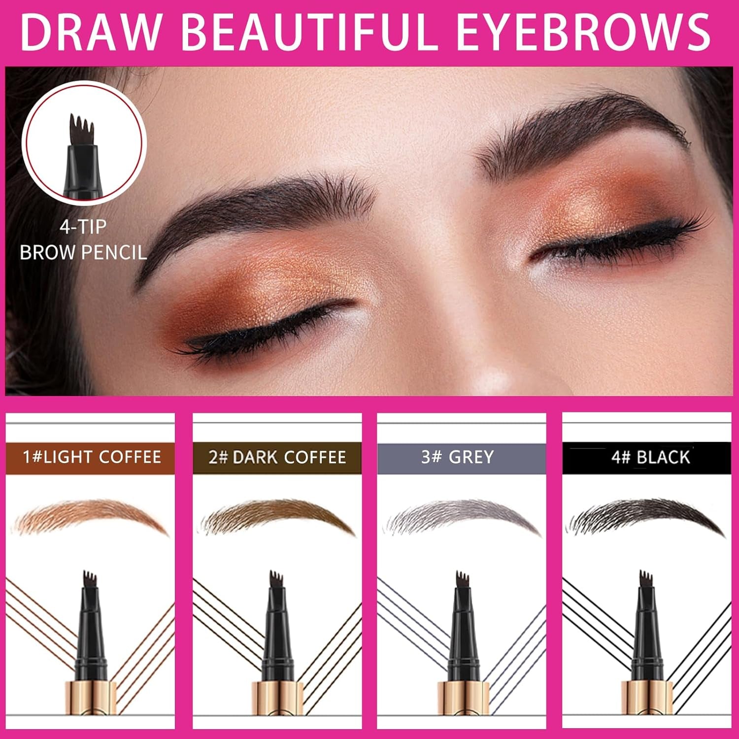 Eyebrow Pencil with 4 Micro-Fork Tip Precision Application Waterproof Smudge-Proof 24H Long-Lasting & Easy Glam Look Eyebrow Pen - 4# Black