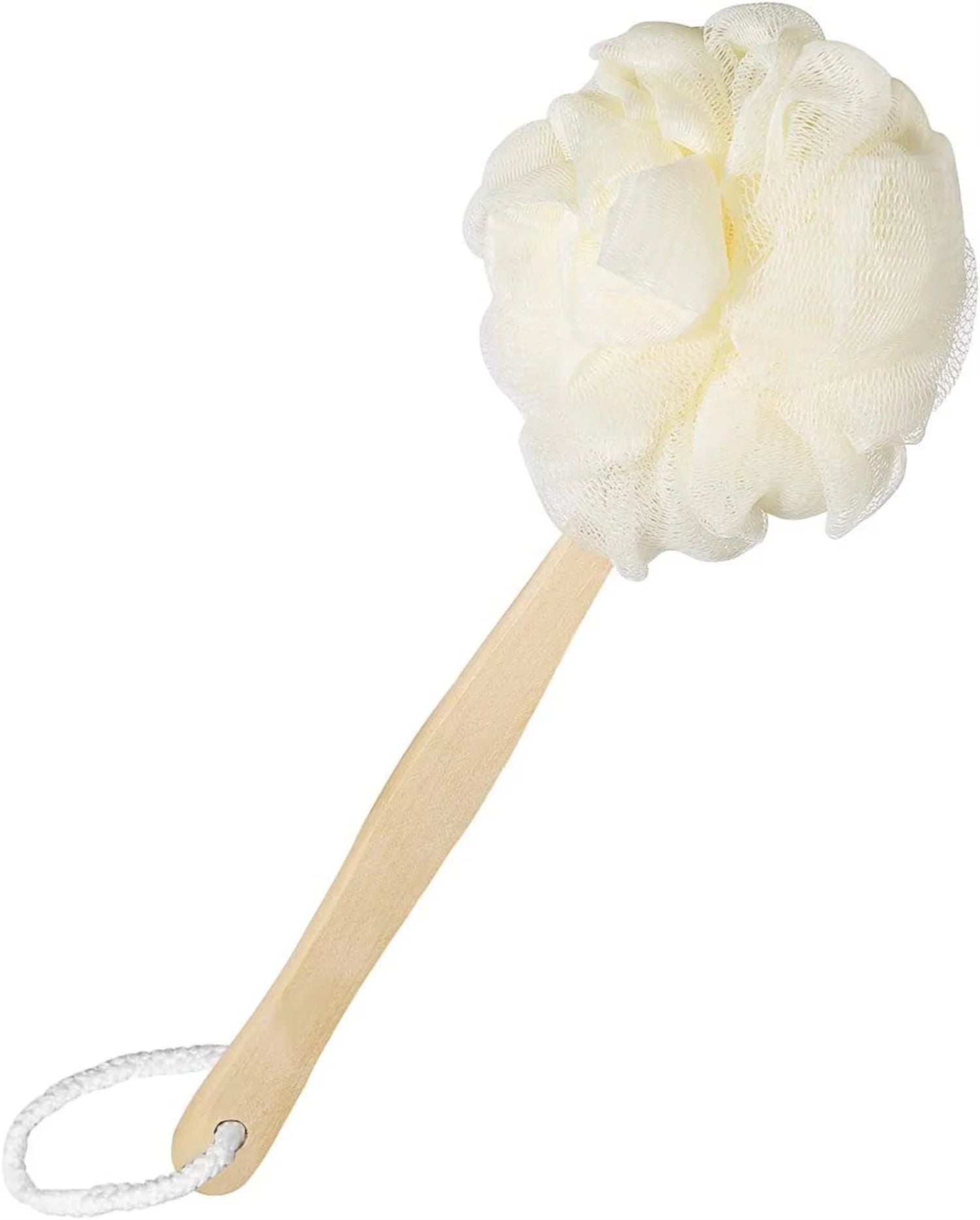 Loofah Back Scrubber for Shower,Bath Mesh Ball Shower Brush for Shower with Long Handle, Loofah on a Stick for Exfoliating, Mesh Back Cleaner Washer for Women & Men (White)