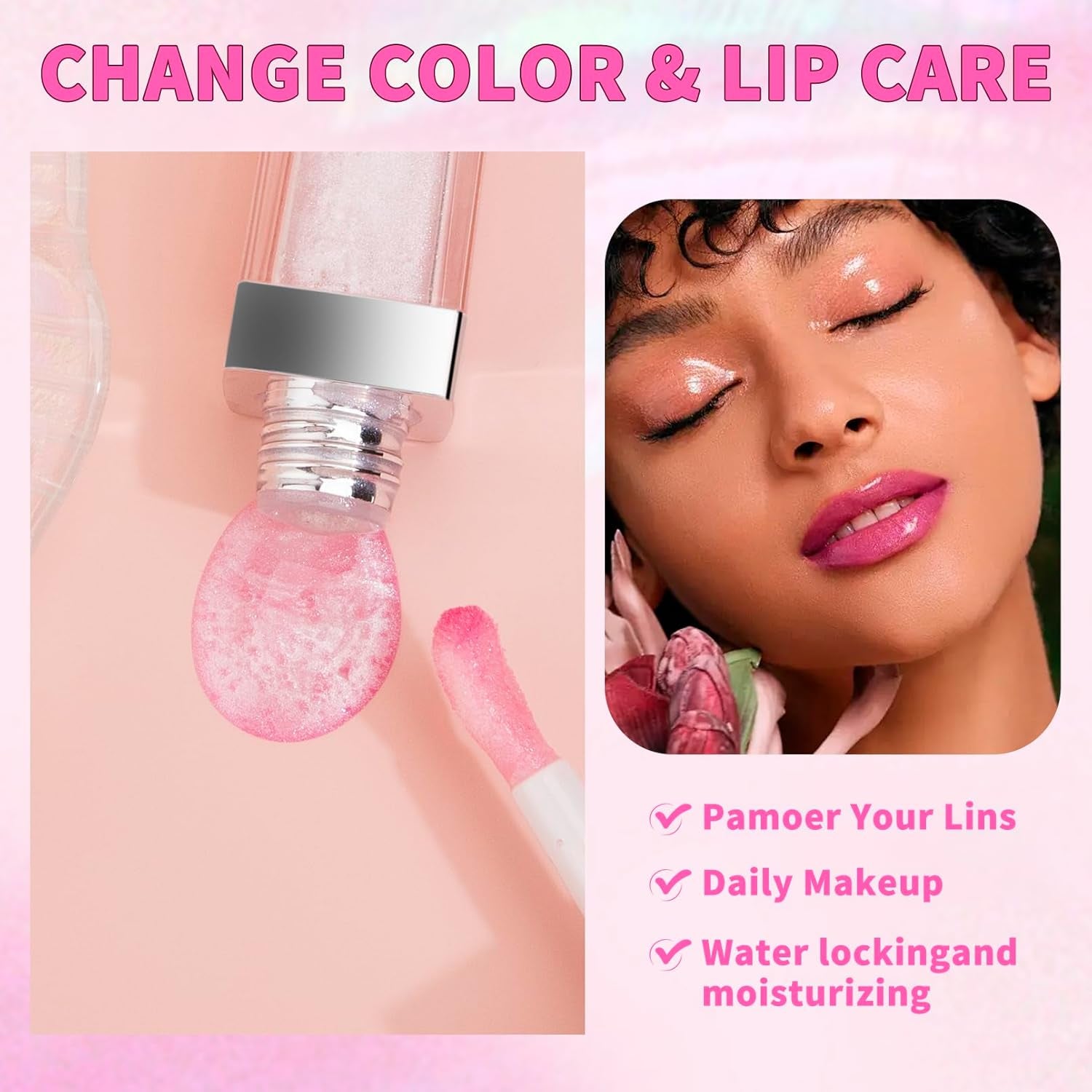 Magic Color Changing Lip Oil Moisturizing Lip Glow Oil, Big Brush Plumping Glimmer Lip Gloss, Long Lasting & Nourishing Lip Glow Oil Non-Sticky Fresh Texture Lip Gloss Lip Tint(Pink)