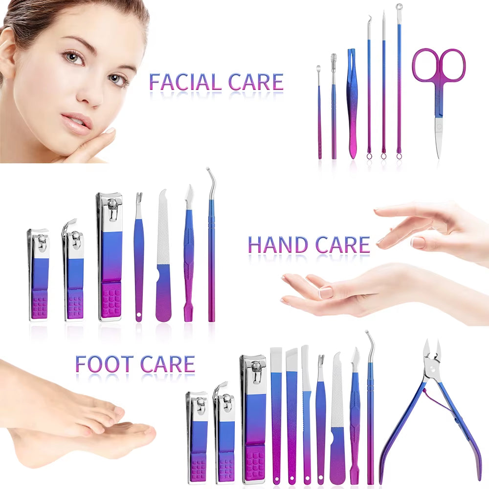Manicure Set, Stainless Steel Gradient Professional Pedicure Kit Nail Scissors Grooming Kit with Travel Case