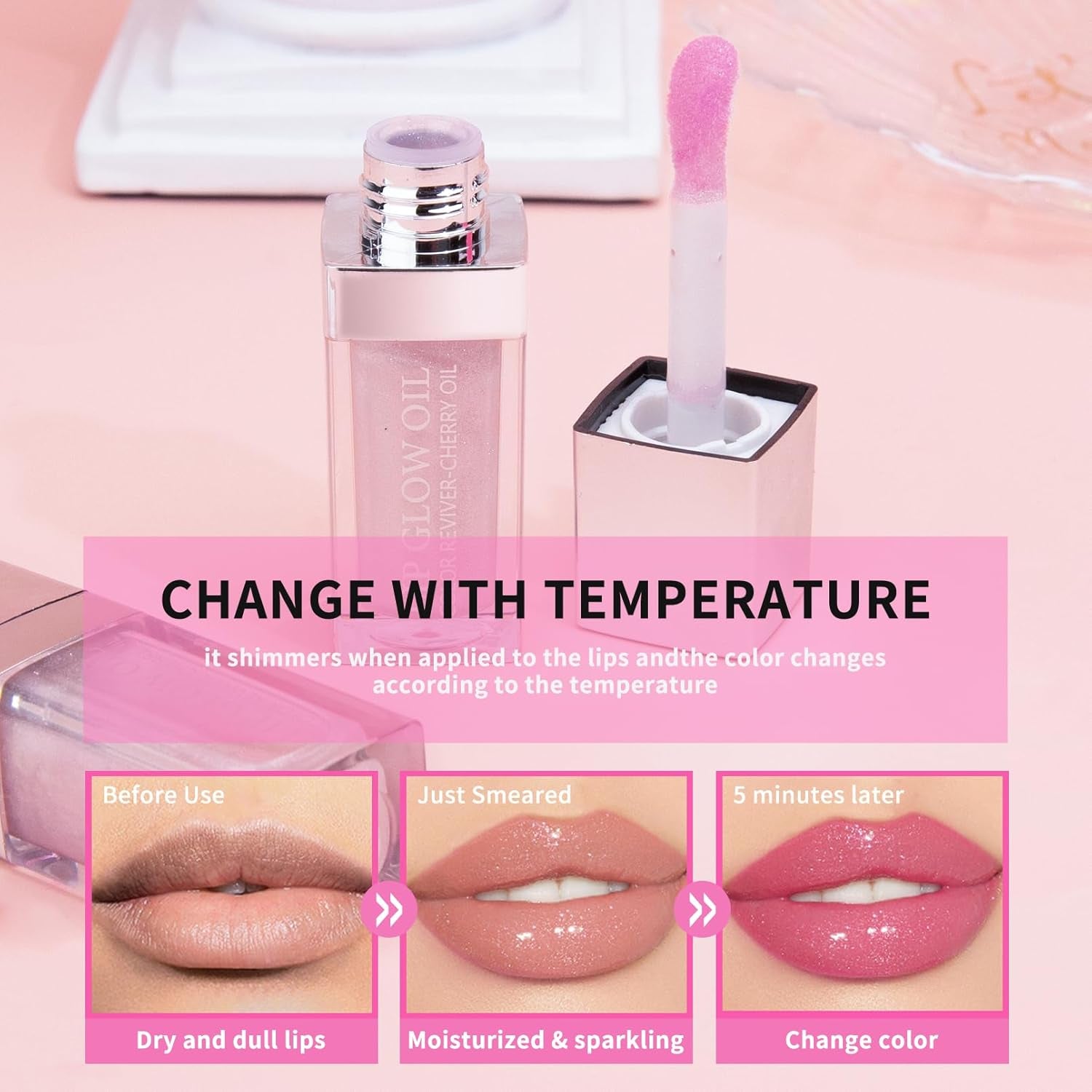 Magic Color Changing Lip Oil Moisturizing Lip Glow Oil, Big Brush Plumping Glimmer Lip Gloss, Long Lasting & Nourishing Lip Glow Oil Non-Sticky Fresh Texture Lip Gloss Lip Tint(Pink)