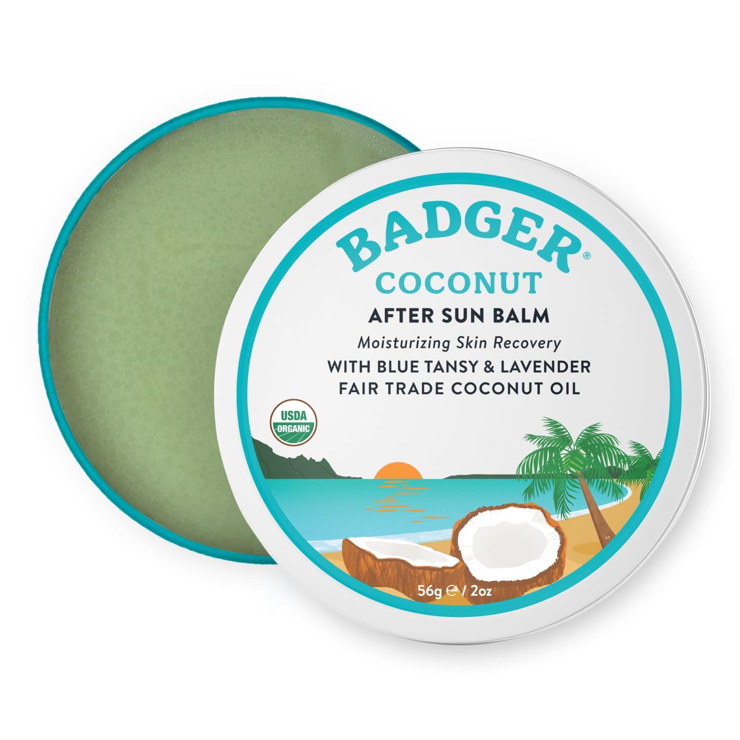 Coconut Aftersun Balm, 100% Organic Soothing Sunburn Relief, Great Smelling, Moisturizing & Hydrating after Sun Skin Care, 2 Oz Tin