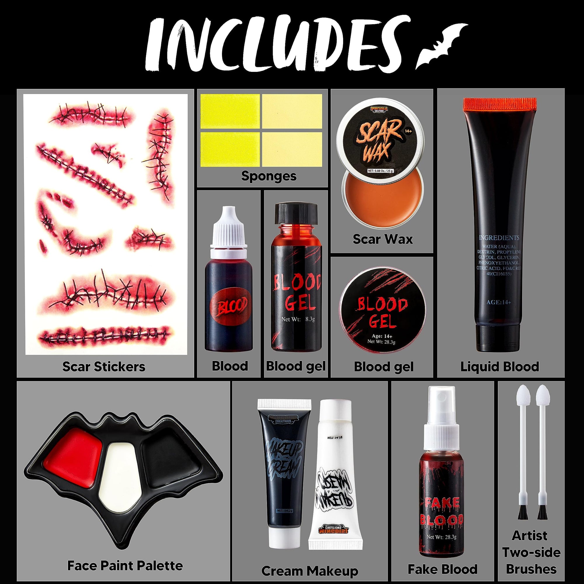 16 Pcs Halloween Makeup Kit,Halloween Family Makeup Set Face Painting Kit with Liquid Blood Gel,Fake Blood and More for Zombie Vampire Cosplay for Adult Kids