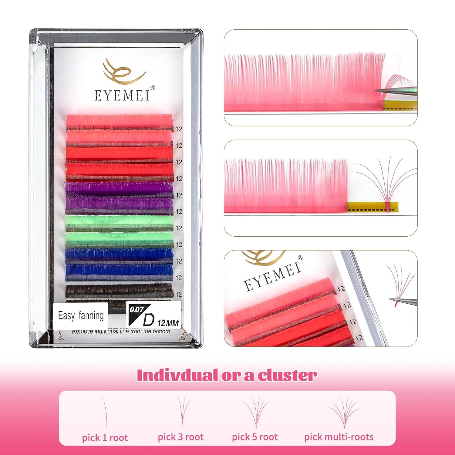 Colored Lash Extensions Easy Fan Volume Lashes 0.07 D 12Mm Curl Pink White Red Purple Green Blue Dark Brown Mixed Individual Lash Extensions Self Fanning Volume Lash (0.07-D, 12Mm)