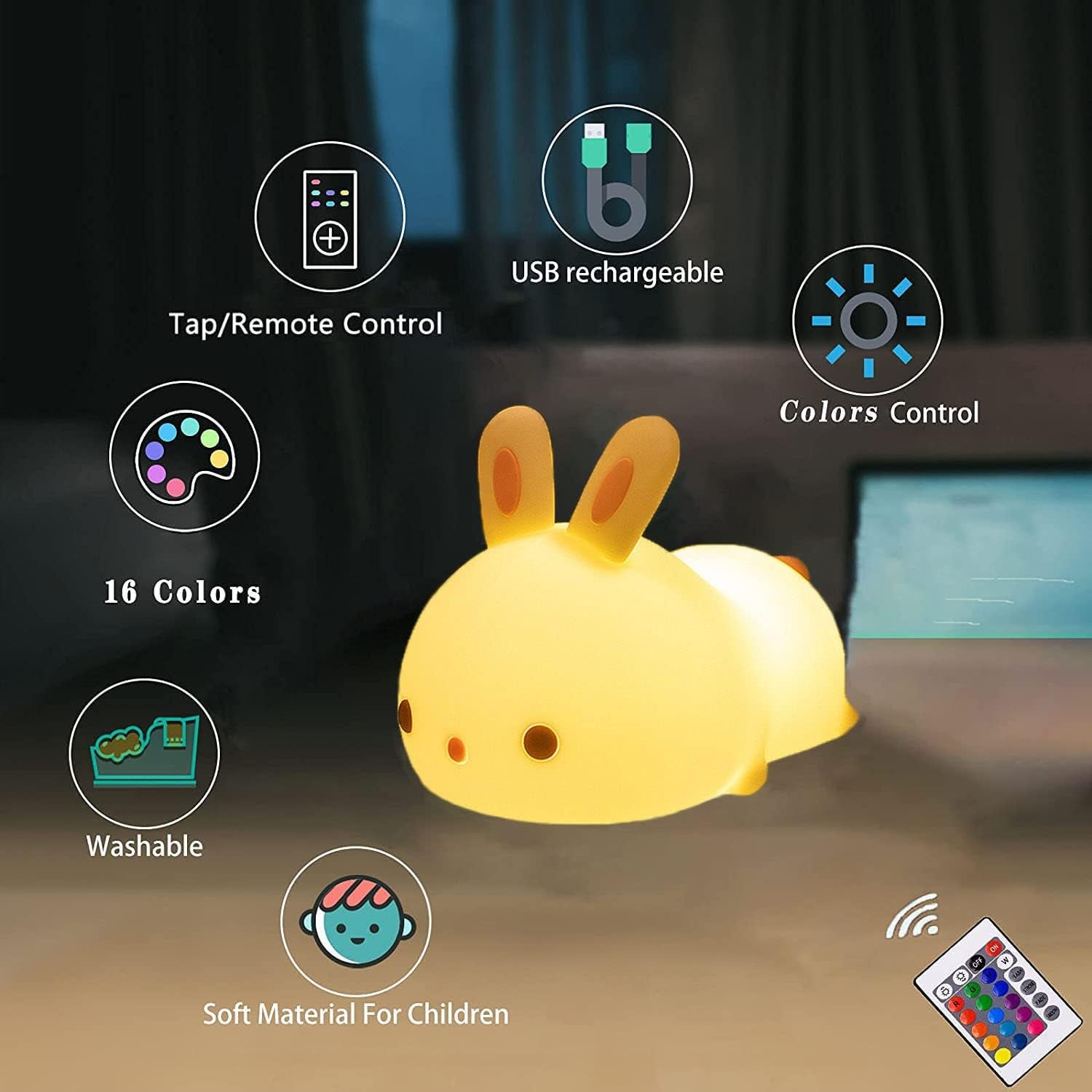 Cute Bunny Night Light, USB Rechargeable Cute Night Ligh with Touch Sensor and Remote Control 4 Modes 16 Colors Kid Night Light for Girls, Childrens, Toddler, Baby, and Kids Christmas Gifts