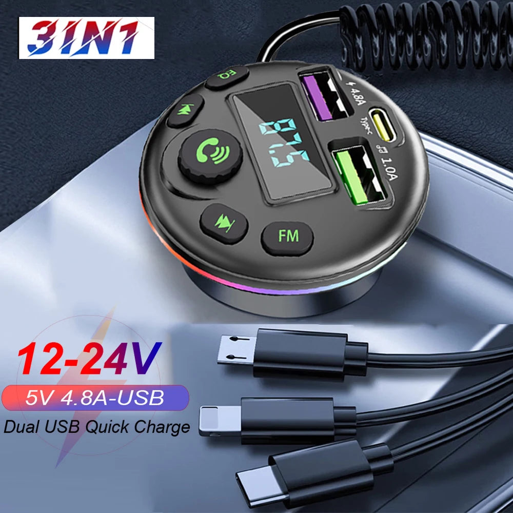 Bluetooth 5.0 FM Transmitter Car Kit MP3 Modulator Player Handsfree Audio Receiver with 3 in 1 Charge Cable for Iphone Huawei