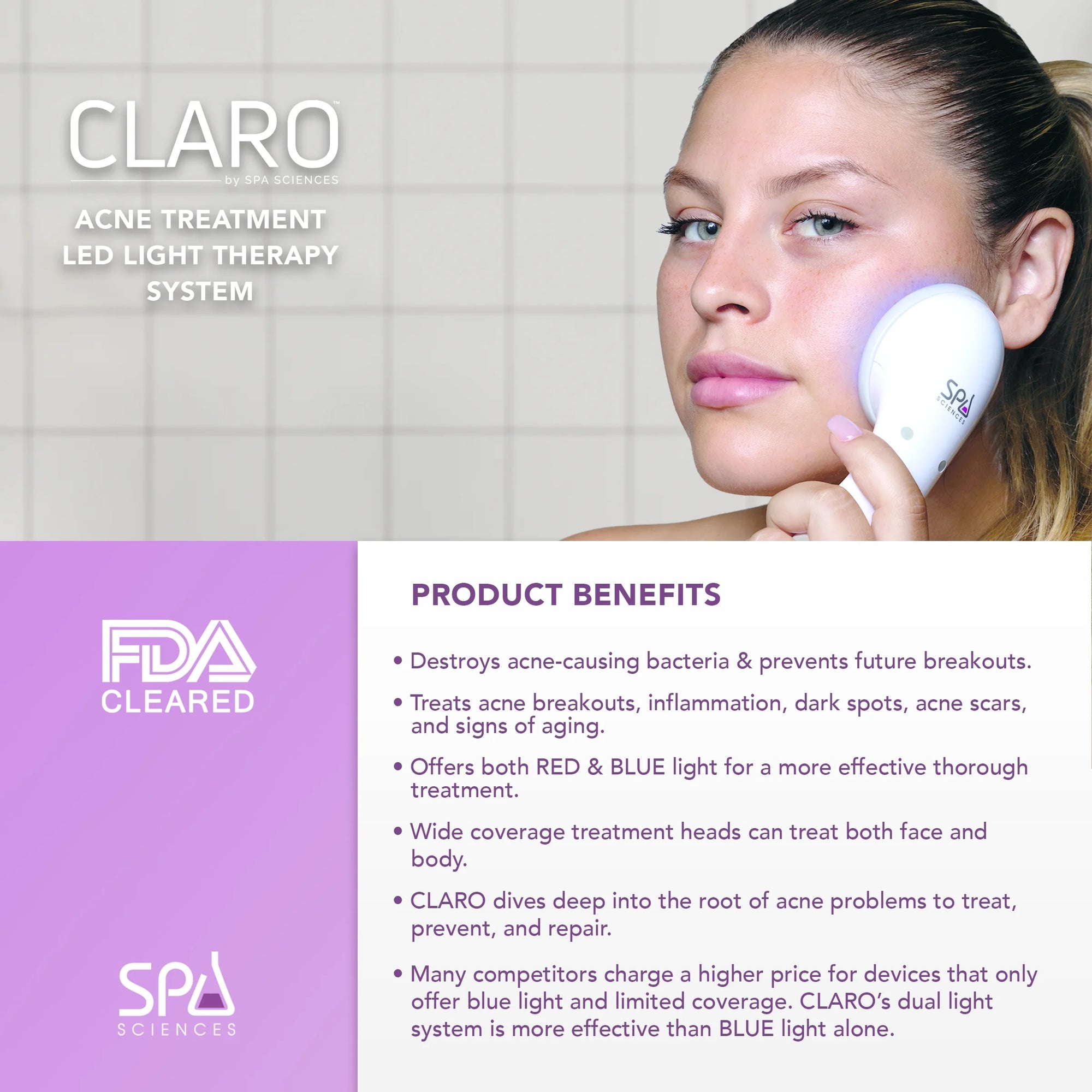 CLARO Clinically Proven Blue & Red LED Acne Treatment Light Therapy System-Fda Cleared-Rechargeable- Professional Home Acne Healing/Clearing Treatment