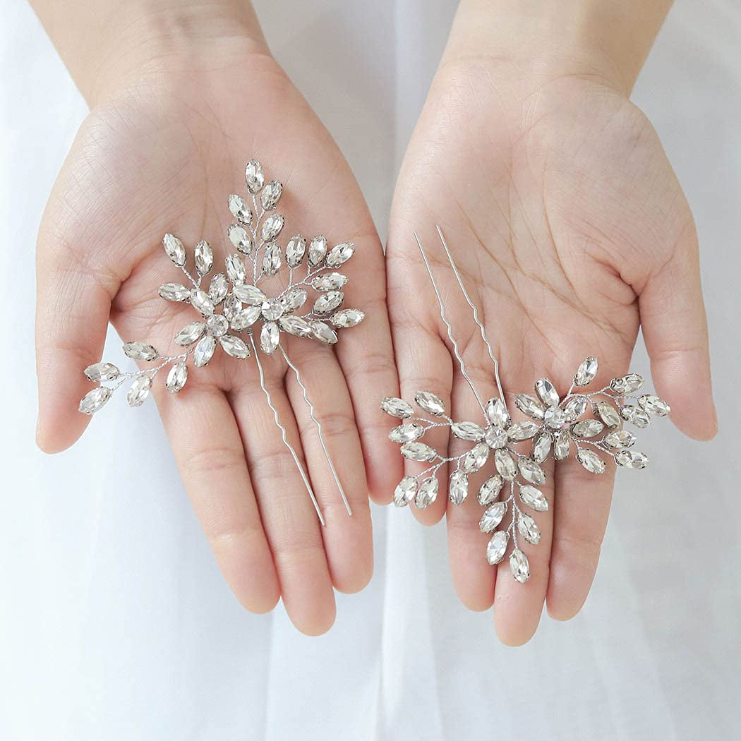 Rhinestone Bride Wedding Hair Pins Bridal Hair Clips Crystal Hair Piece Decorative Bridesmaids Hair Accessories for Women and Girls Pack of 2 (A-Silver)
