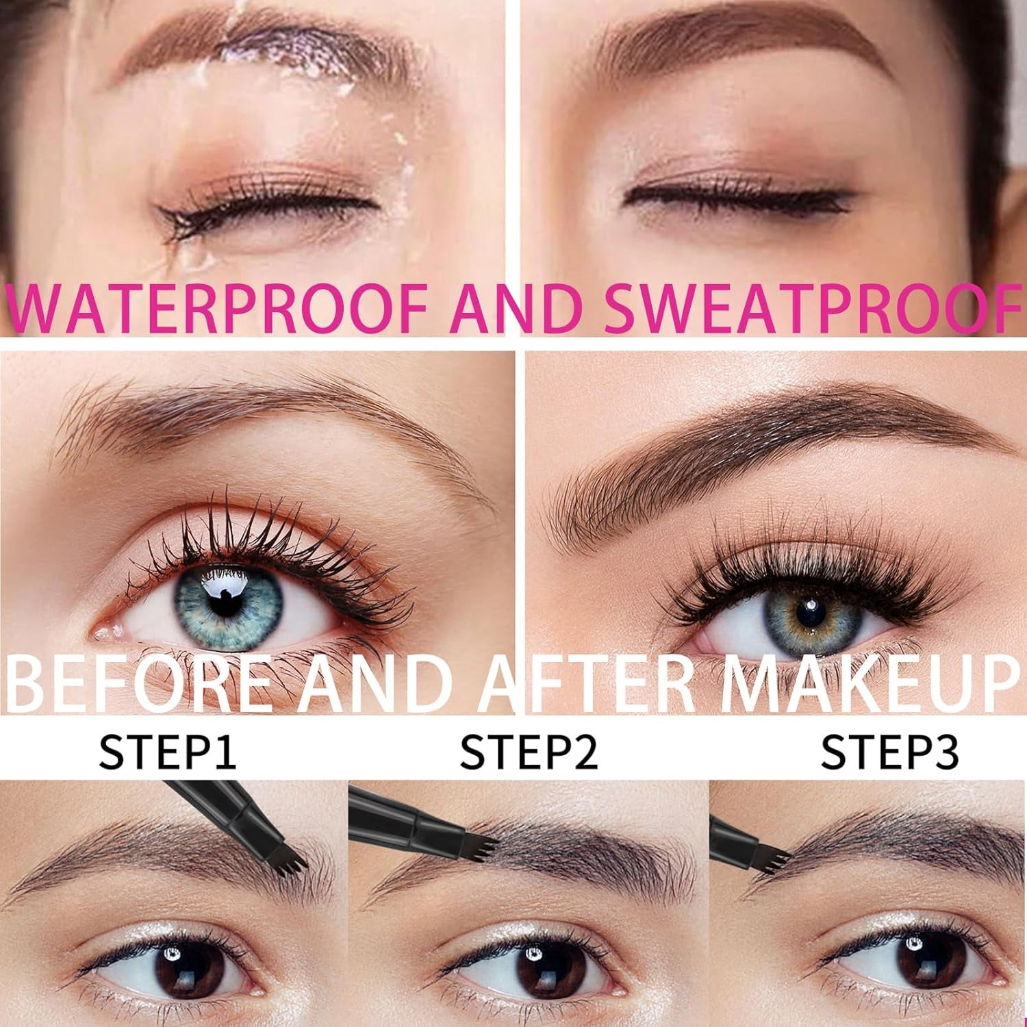 Eyebrow Pencil with 4 Micro-Fork Tip Precision Application Waterproof Smudge-Proof 24H Long-Lasting & Easy Glam Look Eyebrow Pen - 4# Black