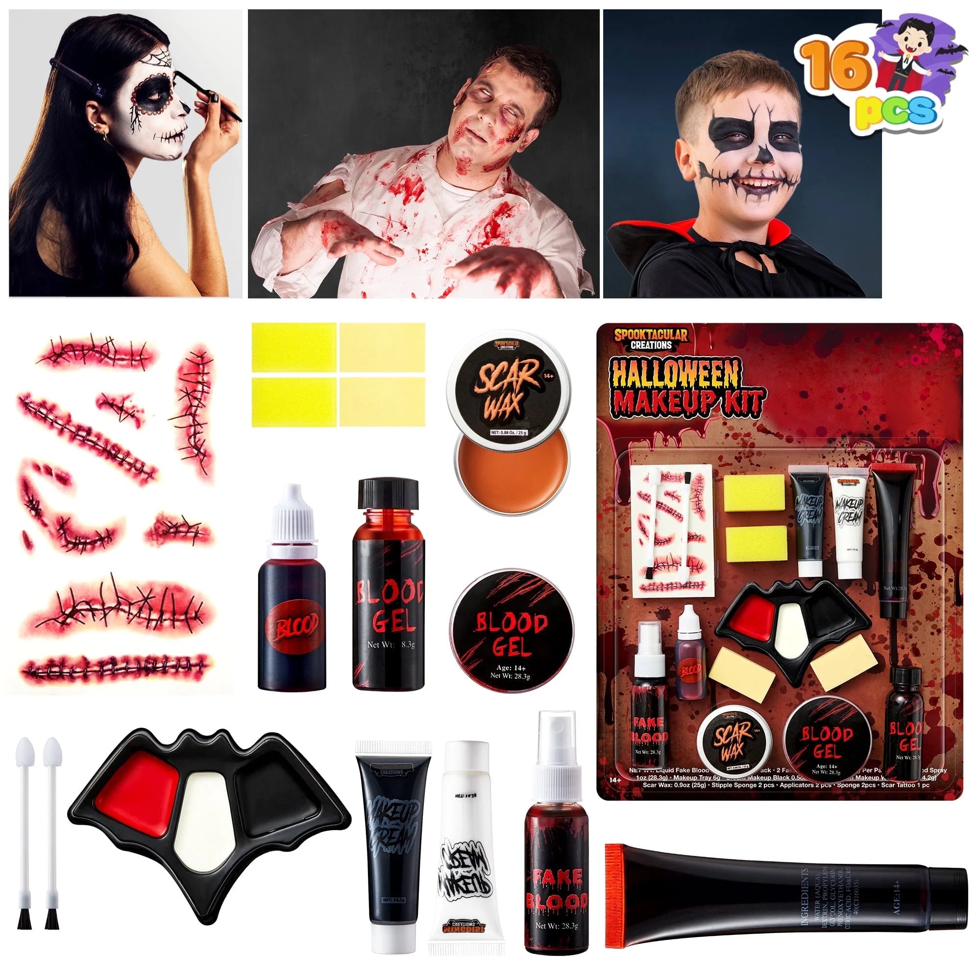 16 Pcs Halloween Makeup Kit,Halloween Family Makeup Set Face Painting Kit with Liquid Blood Gel,Fake Blood and More for Zombie Vampire Cosplay for Adult Kids