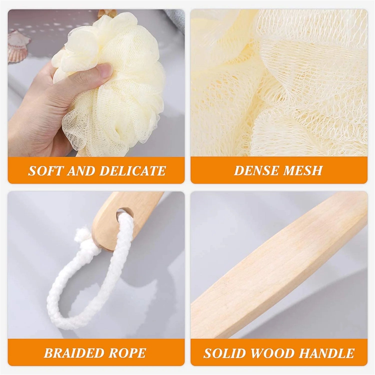 Loofah Back Scrubber for Shower,Bath Mesh Ball Shower Brush for Shower with Long Handle, Loofah on a Stick for Exfoliating, Mesh Back Cleaner Washer for Women & Men (White)