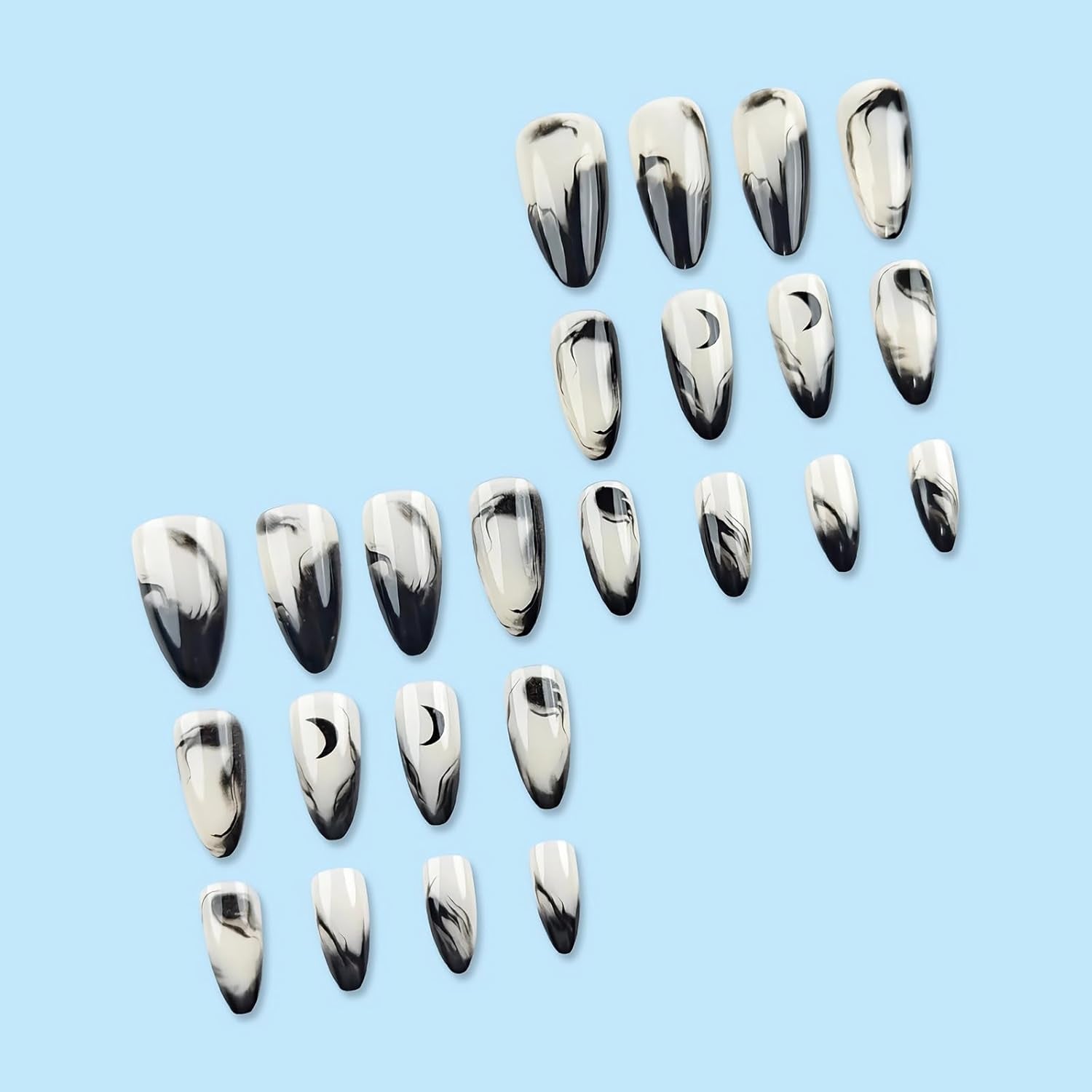 Press on Nails Medium Almond Fake Nails Glossy Glue on Nails Goth Black Ombre Acrylic Nails Stiletto Artificial Nails Gothic Moon Stick on False Nails with Design 24 Pcs