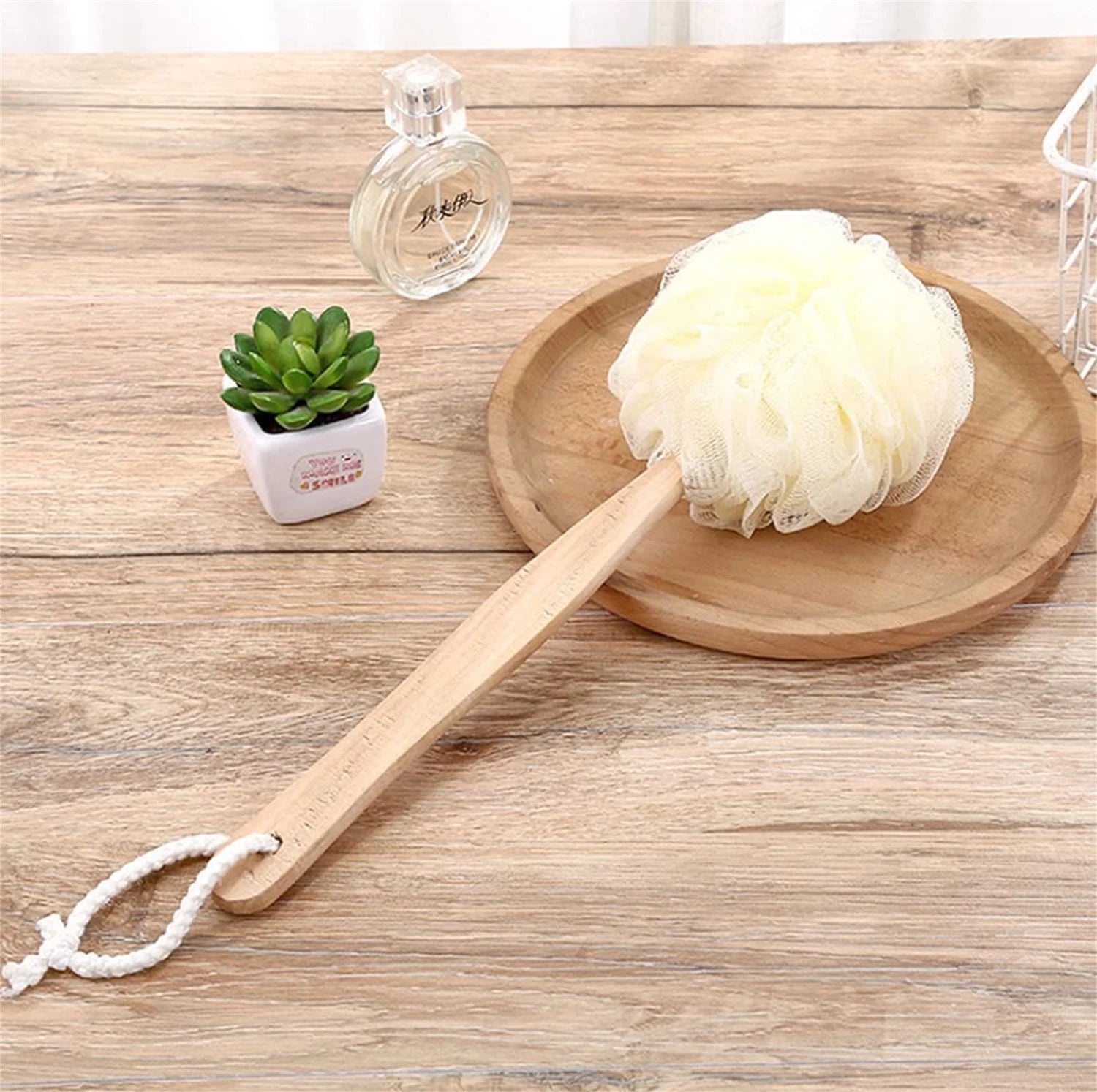 Loofah Back Scrubber for Shower,Bath Mesh Ball Shower Brush for Shower with Long Handle, Loofah on a Stick for Exfoliating, Mesh Back Cleaner Washer for Women & Men (White)