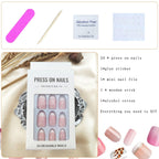 White French Tip Press on Nails - Short Oval Fake Nails for Daily Wear - Simple Glue on Light Pink Full Cover False Almond Acrylic Stick on Nails for Women - 24 Pcs